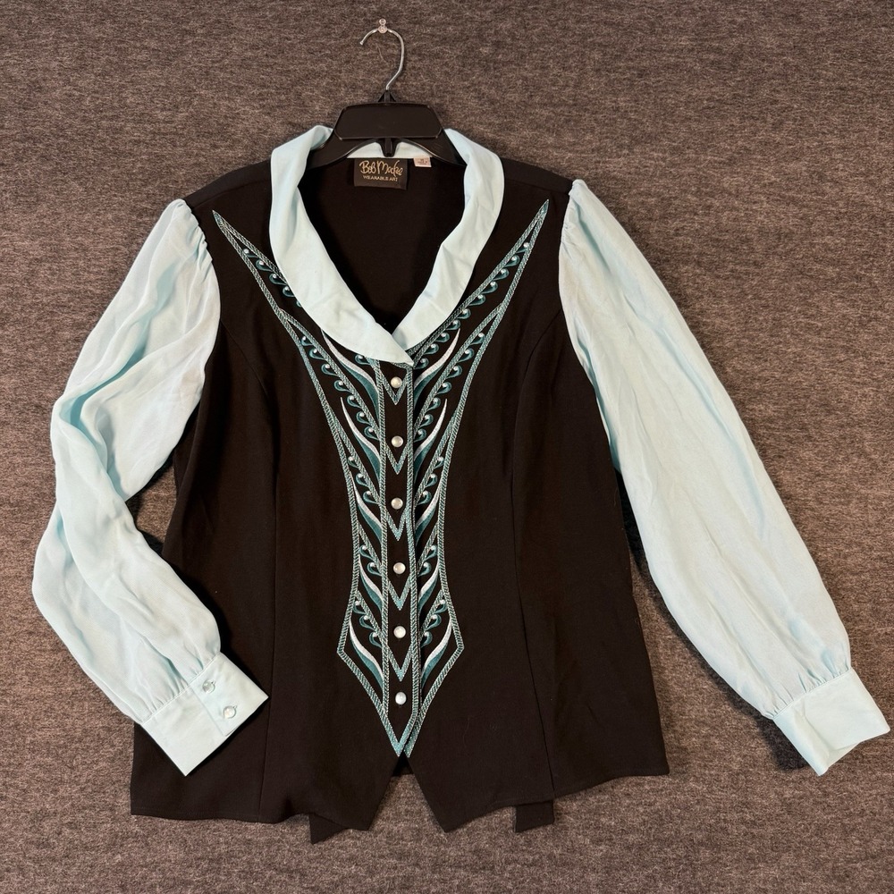 Bob Mackie  Wearable Art Sz M Blue Black Knit Top Blouse Sweater Sparkle